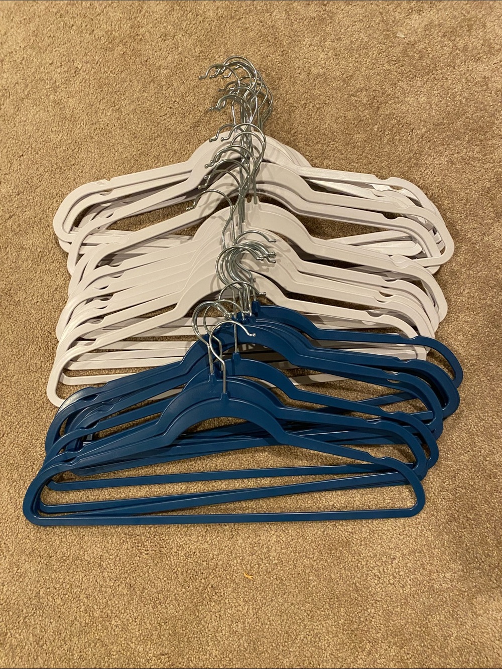 Navy Blue & White Plastic Clothes Hangers - 12 blue and 21 white lightweight.